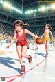 A group of young women playing a game of basketball.