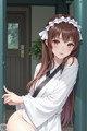 A girl in a maid outfit leaning against a door.