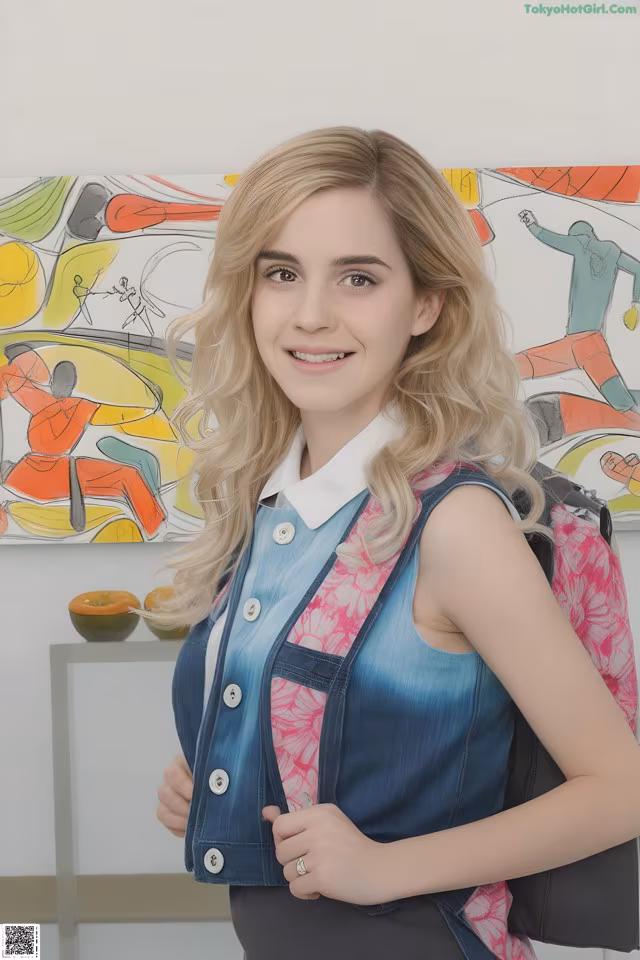 A young woman standing in front of a painting.