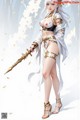 A woman in an elaborate white and gold outfit holds a sword, standing against a light background with falling petals.