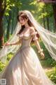 A woman in a wedding dress walking through a forest.